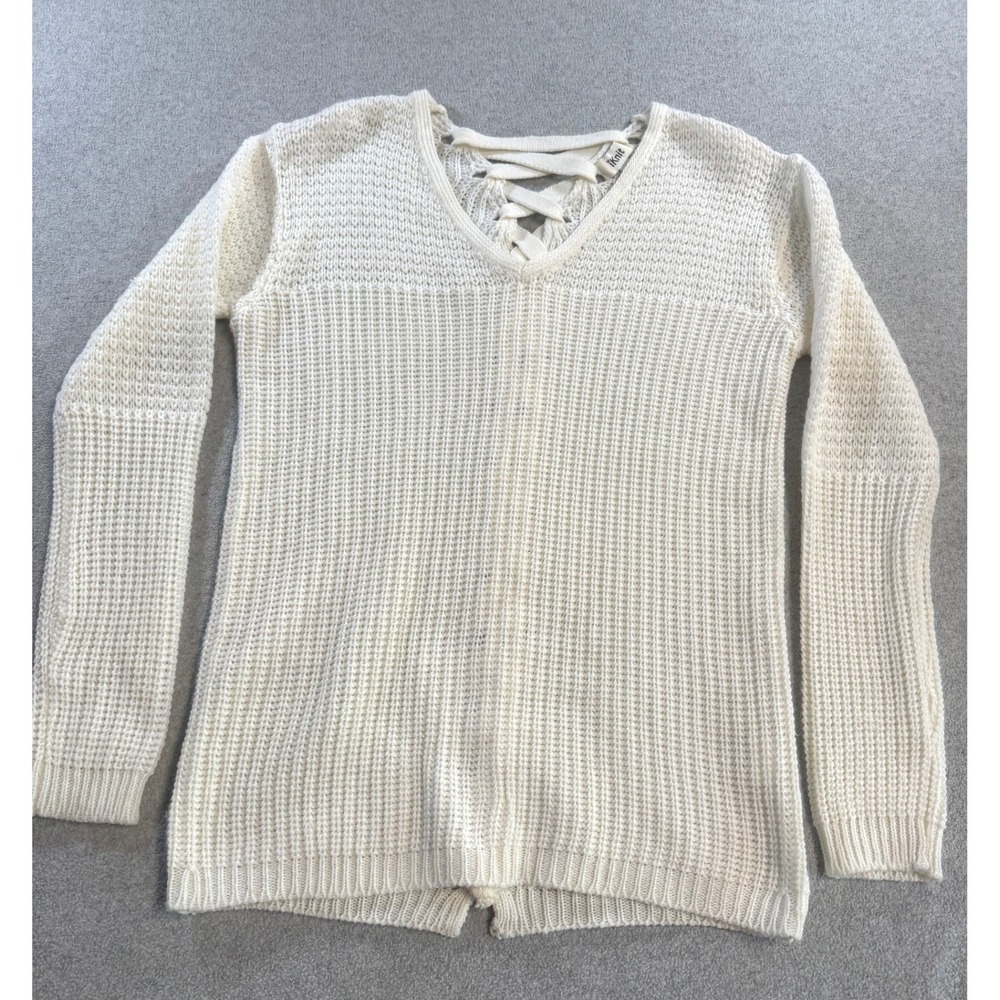 iKnit Sweater Women Medium Cream Excellent Lace Up V Neck Waffle Knit‎ Split Hem